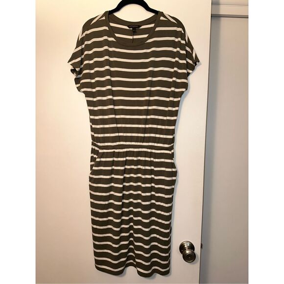 Banana Republic Olive Green Striped Elastic Waist Stretch Dress Medium EUC - Picture 1 of 9